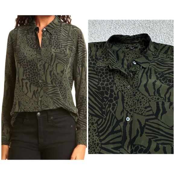 Rails Silk Kate Olive Mixed Animal Stripe Shirt. Zebra Giraffe Tiger Cheetah XS - Picture 1 of 12